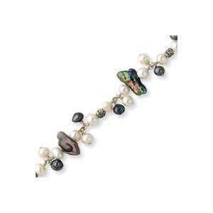 Sterling Silver Peacock/White Freshwater Cultured Pearl Bracelet   7.5 