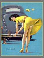   pin up/ 1940s/ girl in yellow dress changing a tire, artist unknown