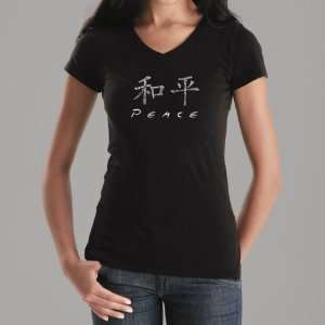 Womens Black Chinese Peace Symbol V Neck Shirt XS   Created using the 