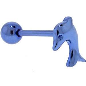    Blue Titanium Anodized 3 D Dolphin Barbell Tongue Ring Jewelry