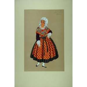  1929 Pochoir French Young Woman Dress Cap Costume Anjou 