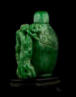 CHINESE CARVED JADEITE SNUFF BOTTLE & STAND PINE #4036  