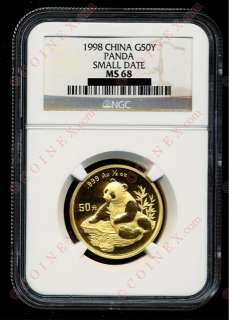 China 1998 1/2 oz Gold Panda 50 Yuan NGC MS68  