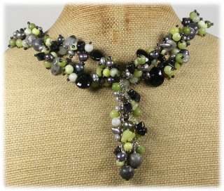 C111026 BUTTER OLIVE JADE QUARTZ ONYX CRYSTAL PEARLS NECKLACE