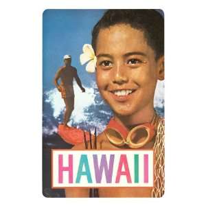  Hawaii, Surfer and Diving Boy Premium Poster Print, 8x12 