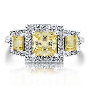  925 Princess Cut Canary Cubic Zirconia CZ 3 Stone Ring   Nickel Free 