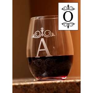   Etched Monogram 16 oz. Stemless Wine Glasses   O