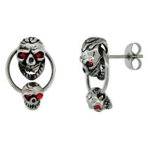 Stainless Steel Door Knocker Skull Earrings w/ Red Stone Eyes, 11/16 