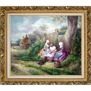  Reading Under the Tree Oil Painting, with Ornate Antique 