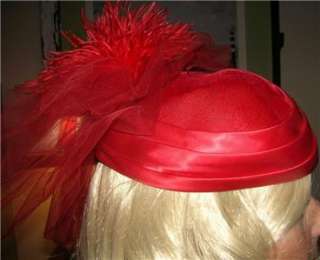VINTAGE Pillbox Veil Hat Red Velvet Satin Ostrich Feather 1950s 