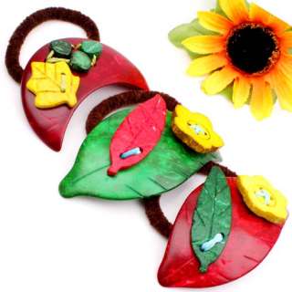 1p Craft Green Coconut Shell Carved Leaf Flower Hair Tie Ponytail Ties 