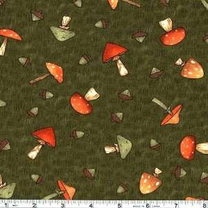  45 Wide Fall Forest Shrooms Deep Olive Fabric By The 
