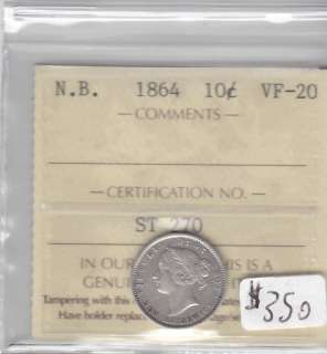 1864 NEW BRUNSWICK 10 CENT COIN ICCS CERT VF 20  