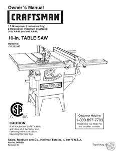  Craftsman Table Saw Manual Model # 152.221040  