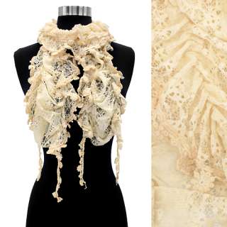 Floral Lace Elastic Ruffle Light Fashion Scarf Ivory  