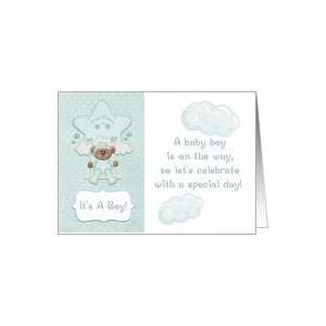  Mint Green Teddy Bear, Baby Boy Shower Invitation Card 