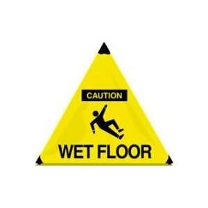 Handy Cone Floor Sign, 3 Sided Pyramid, 18 in Yellow   CAUTION WET 