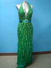 Tiffany Green Silk Sequin AND Feathers Halter Formal Dress 8 with 