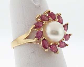 Cultured Pearl Natural Ruby Solid 14k Yellow Gold Ring FREE Sizing 