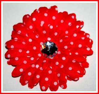 POLKA DOT GERBER DAISY FLOWER CLIP RHINESTONE RED  