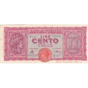  1944 Italy 100 Lire Banknote 