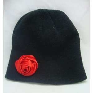  NEW Black Beanie Hat with Red Satin Rose, Limited. Beauty