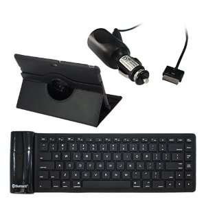  Silicone Roll Up Keyboard + Car Charger + Black 360 Degree Rotating 