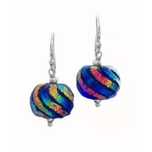   Dichroic Glass Single Multi Color on Blue Bead Earrings Jewelry