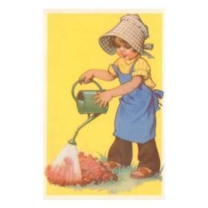  Child in Bonnet with Watering Can Premium Giclee Poster 