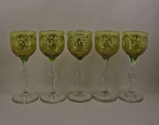   St. Louis Crystal Gold Encrusted Green Goblets~Rhine Wine Hocks~France