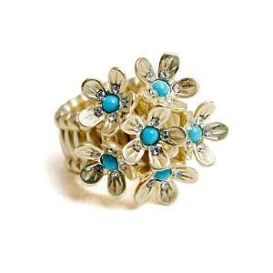  Turquoise Accents Gold Tone Flower Stretch Fashion Ring Jewelry