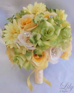   Bridal Bouquet Set Decoration Package Silk Flowers YELLOW GREEN  