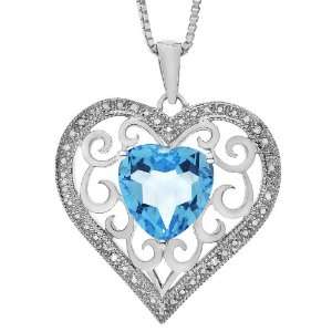  Sterling Silver Swiss Blue Topaz and Diamond Heart Pendant 
