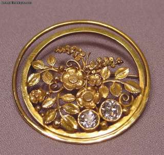Art Noveau 14k Yellow Gold & 1.4C Diamonds Floral Circle Brooch  
