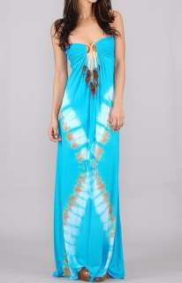 NWT SKY Brand Feather Gold Chain Guya Blue with Print Sexy Long Maxi 