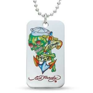  Ed Hardy 1958 SKULL COLOR Stainless Steel Dog Tag Pendant 