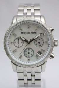 New Michael Kors Steel Chronograph Pearl Dial Date Glitz Women Watch 