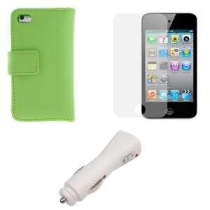  GTMax White USB Car Charger + Green Wallet Leather Case 