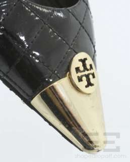 Tory Burch Quilted Black Patent Leather Gold Logo Pointed Toe Flats 