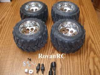 Rovan Monster Truck Tires on chrome rims with adapters fits HPI Baja 