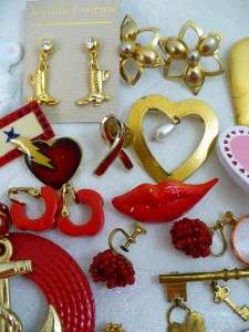 101 Vintage Red Love Heart Themed Jewelry Large lot Earrings Pins 
