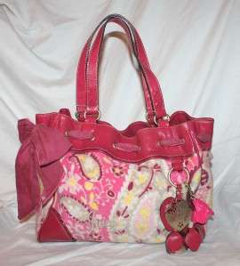 JUICY COUTURE L Martinique Pink Paisley Tote Hand Bag Velour Leather 