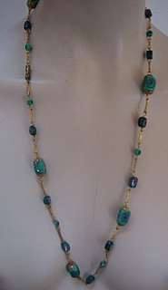 VINTAGE BEAD NECKLACE, GREEN GLASS w/ FLOWERS 29 long  