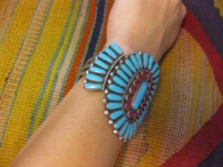   Zuni Turquoise Coral Sterling Silver HUGE Signed Cuff Bracelet  