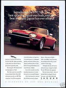 1992 Jaguar XJS Convertible Car Photo Print Ad  