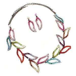  Stunning Rainbow Jewels on Leaf Motif Necklace and Earring 