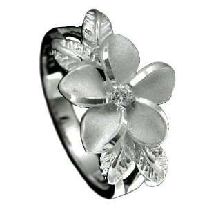 Rhodium Silver Plumeria w/ Maile Leaf Ring Size 9 Jewelry
