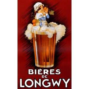  GIRL ON A GLASS OF BEER BIERES DE LONGWY 24 X 36 VINTAGE 