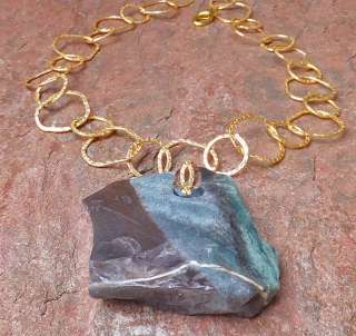 HUGE AGATE NATURAL TEAL GREEN raw SLAB PENDANT NECKLACE GOLD CHAIN 