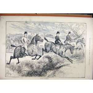  Horses Jumping Fence 1889 Woman Men Country Scene Print 